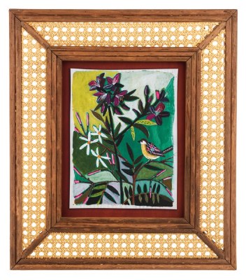 16" x 14" Multicolor Yellow Bird Cane Framed Floral Print