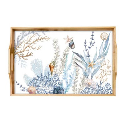 14" x 20" Ocean Tide Wood Tray With Handles