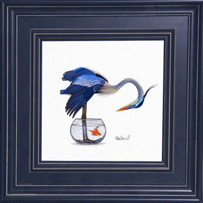 20" Sq Blue Heron Standing in a Fish Bowl Gel Textured Print in a Dark Blue Double Frame