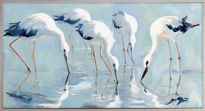 32" x 62" Four Shorebirds Coastal Canvas Framed