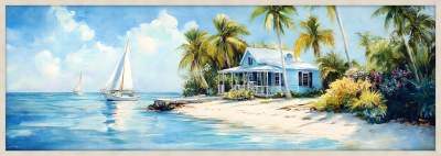 22" x 62" Beach House With a Sailboat Coastal Canvas Framed