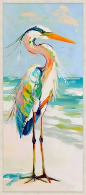 50" x 22" Multicolor Heron on the Beach 1 Coastal Canvas Framed