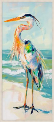 50" x 22" Multicolor Heron on the Beach 2 Coastal Canvas Framed