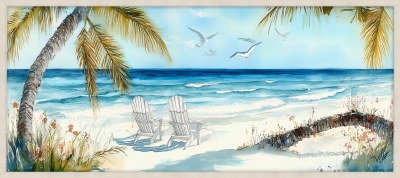 22" x 50" Two White Beach Chairs Under Palm Trees on the Beach Coastal Canvas Framed