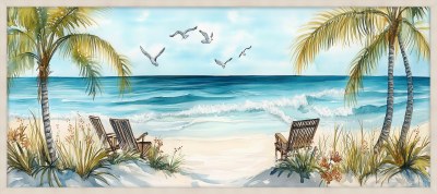 22" x 50" Three Gray Beach Chairs Under Palm Trees on the Beach Coastal Canvas Framed