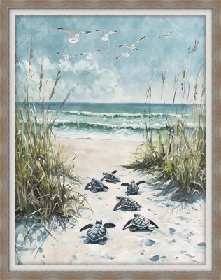 44" x 34" Sea Turtle Hatchlings 1 Gel Textured Coastal Print in a Brown Wood Grain Frame