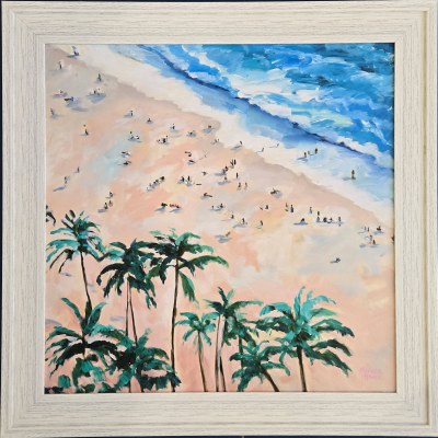 37" Sq Palm Trees Overhead on the Beach Gel Textured Coastal Print in a White Distressed Frame