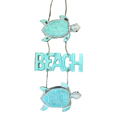 22" Wood Sea Turtle "Beach" Hanging Coastal Wood Wall Plaque