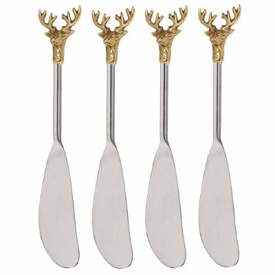Set of Four 6" Gold Reindeer Heads and Silver Stainless Steel Spreaders
