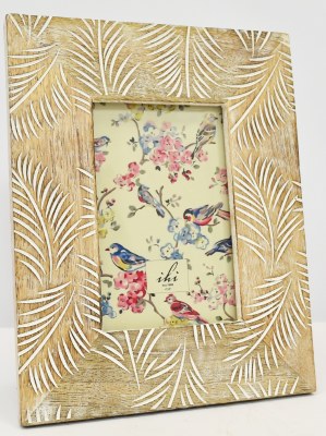 4" x 6" White Wash Carved Palm Fronds Wood Photo Frame