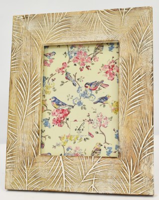 5" x 7" White Wash Carved Palm Fronds Wood Photo Frame