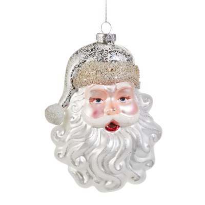 6" Silver and White Santa Head Glass Ornament