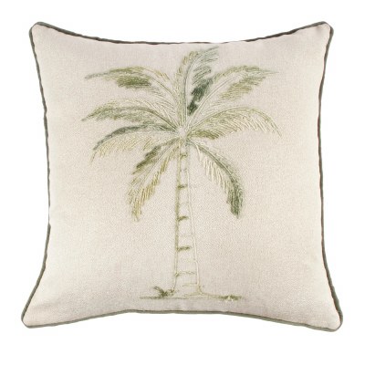 18" Square Green Palm Embroidered Coastal Pillow