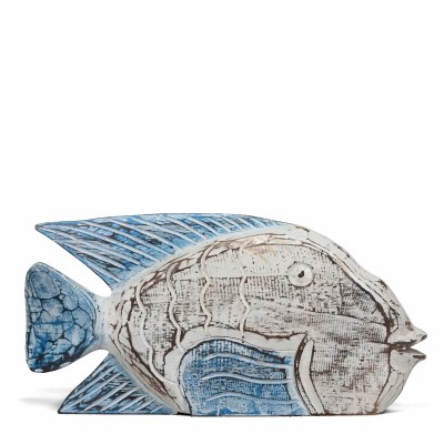 10" x 20" White Wash and Blue Coastal Mango Wood Grouper Statue
