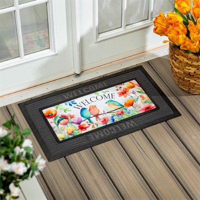 10" x 22" "Welcome" Birds Sitting on a Branch Sassafras Doormat Insert