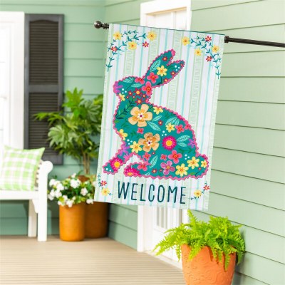 Large "Welcome" Multicolored Floral Bunny Flag
