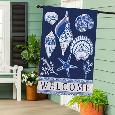 Large "Welcome" Dark Blue Seashells Flag