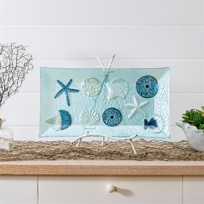 9" x 17" Blue Seashells Glass Decorative Coastal Tray