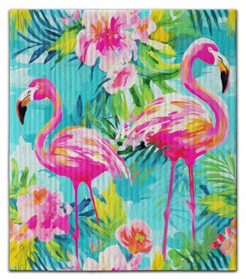 8" x 7" Swedish Two Vibrant Flamingos Coastal Dish Cloth