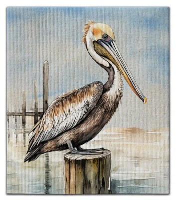 8" x 7" Swedish Brown Pelican on a Piling Coastal Dish Cloth
