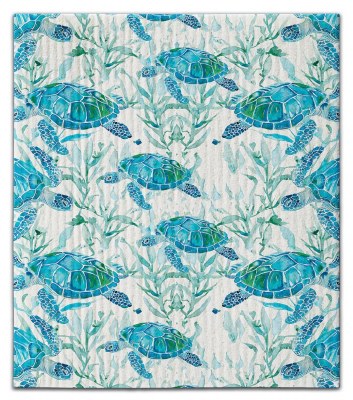 8" x 7" Swedish Blue Sea Turtles With Seaweeed Coastal Dish Cloth