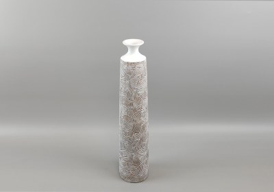 26" White Washed Carved Flowers Slim Polyresin Decorative Vase