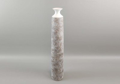 34" White Washed Carved Flowers Slim Polyresin Decorative Vase