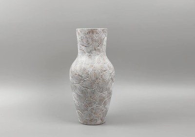 15" White Washed Carved Flowers Polyresin Decorative Vase