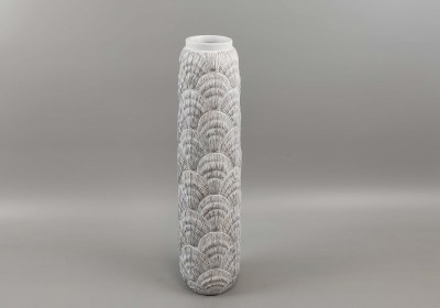 24" White Washed Carved Scallop Shells Polyresin Decorative Coastal Vase