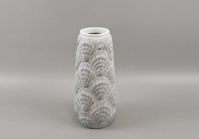 16" White Washed Carved Scallop Shells Polyresin Decorative Coastal Vase