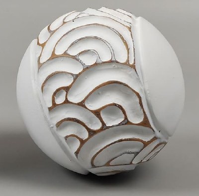 4" Round White Washed Carved Arches Polyresin Orb