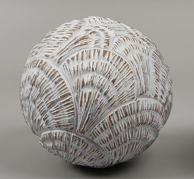 4" Round White Washed Carved Scalloop Shell Polyresin Orb
