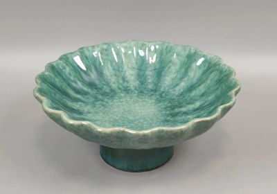14" Round Green Footed Ceramic Decorative Bowl