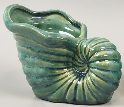 6" Green Wavy Ceramic Snail Shell Coastal Pot