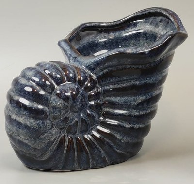 10" Dark Blue Wavy Ceramic Snail Shell Coastal Pot