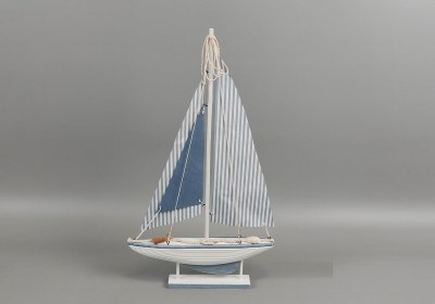 23" Blue and White Stripe Wood Sailboat Statue