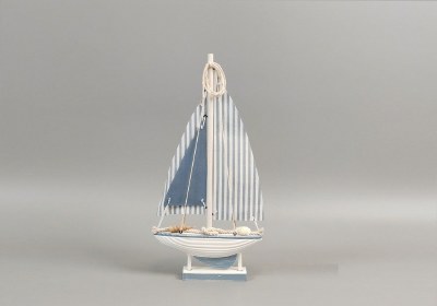 14" Blue and White Stripe Wood Sailboat Statue
