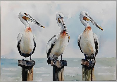24" x 36" Three Pelicans on Bars Coastal Canvas