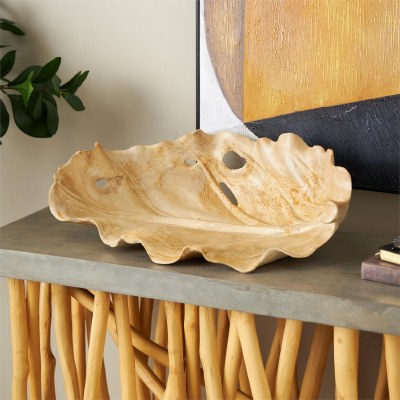 13" x 20" Light Natural Leaf Teak Wood Decorative Tray