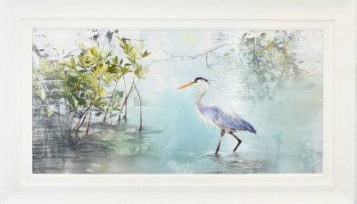 34" x 58" Blue Stalker Heron Gel Textured Coastal Print in a White Frame