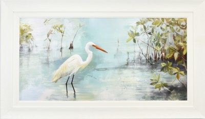 34" x 58" White Hunter Egret Gel Textured Coastal Print in a White Frame