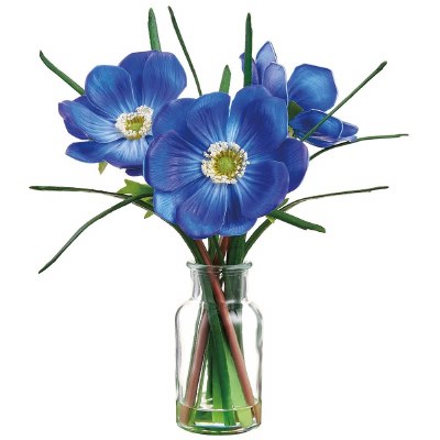 12" Faux Blue Anemone in Glass Vase