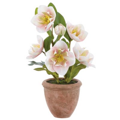 12" Faux Pink Helleborus Flower in Terracotta Pot