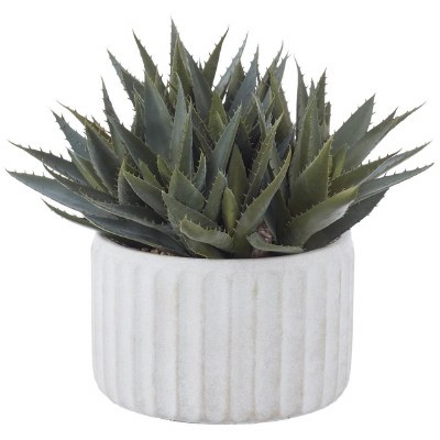 10" Faux Green Agave in White Ribbed Cement Pot