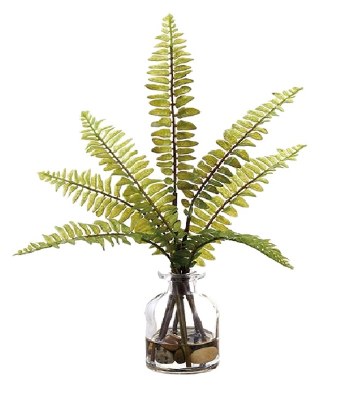 9" Faux Seven Frond Green Boston Fern in Glass Vase
