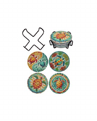 Set of Four 4" Round Multicolor Mosaic Sea Turtle Coasters With a Holder