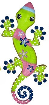 12" Green and Pink Wood Gecko Wall Plaque