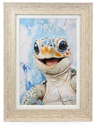 32" x 24" Gleeful Sea Turtle Gel Textured Coastal Print in a Distressed Sand Frame