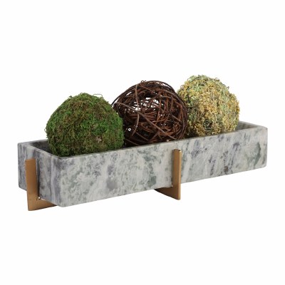 5" x 14" Green Marble Rectangle Decorative Bowl With Gold Stands