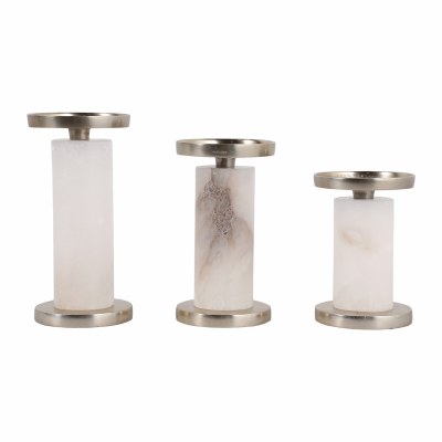 Set of Three Silver Metal and White Alabaster Pillar Candle Holders